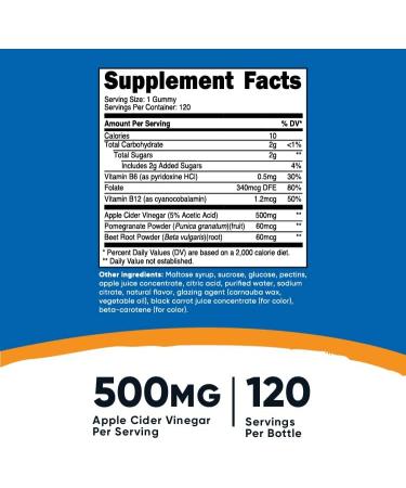 Nutricost Apple Cider Vinegar 500mg Gummies - Apple Flavored, Gluten Free, Non-GMO - 120 Count - Buy Online on GoSupps.com