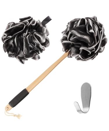 Loofah Back Scrubber | Bamboo Charcoal Infused Shower Scrubber | Bath-Sponge | Exfoliating Lufa Body Scrubber for Men & Women | Includes 1 Loofah on a Stick,1 Luffa Pouf and 1 Hook to Hang Loufa-Black