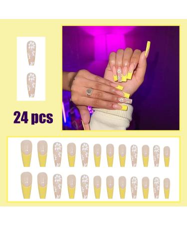 Luvadeyo 24 PCs Yellow White Flower Press-On Nails | Long Summer Ballerina Fake Nails with Glue for Women - Buy Online on GoSupps.com