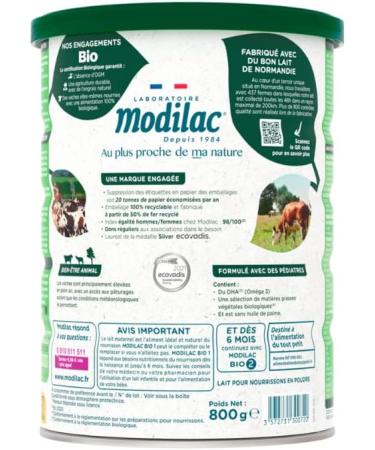 Modilac - Lait Infantile en Poudre Bio 1 - Riche en DHA Sans Huile de Palme - Convient en Relais de l'Allaitement Maternel - Certifi AB - 1er Age de 0 6 Mois - Lot de 3x800g - Buy Online on GoSupps.com