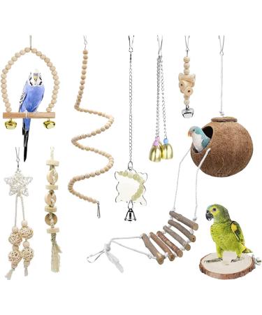 TOLMIOW 9-Piece Parrot Toy Set - Natural Wood and Rope Bungee Bird Toy for Bird Cage, Parakeets, Cockatiel, Conure, Mynah, Macaw - Coconut Hideaway, Ladder, Perch Stand, Accessories - Buy Online on GoSupps.com
