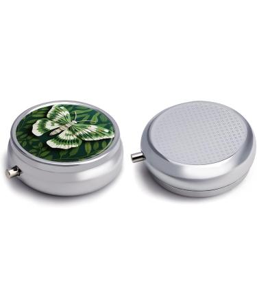 Round White Moth Print 3-Compartment Pill Box | Decorative Metal Pocket Organizer for Medicine - Portable & Stylish - Buy Online on GoSupps.com