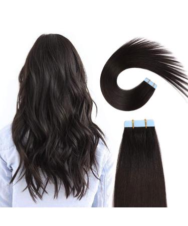 SUYYA Tape in Hair Extensions Natural Black 100% Remy Human Hair 20 inches 20pcs 50g/pack Straight Seamless Skin Weft Tape in Extensions Human Hair(20 inches #1B Off Black) 20 Inch 1B# Off Black