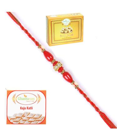 Ghasitaram Gifts Rakhi for Brother Rakhis Online - 2K-271 Fancy Thread Rakhi with 200 GMS of Kaju katli and 200 GMS of Soan Papdi Rakhi with 200 gms of Kaju katli and Soan Papdi