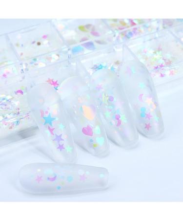 Nail Art Glitter Sequins - 3D Clear Iridescent Ultra-Thin Flakes with Mermaid, Love Heart, Butterfly, Star, Moon & Round Shapes - Nail Decor for Women's Manicures - Buy Online on GoSupps.com