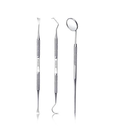 Dentaplex 3 Pcs Oral Dental Care Kit for Teeth Cleaning Whitening Plaque Removal Tartar Remover Scraper Dual Ended Tooth Picks Dentist Mirror Dental Tools