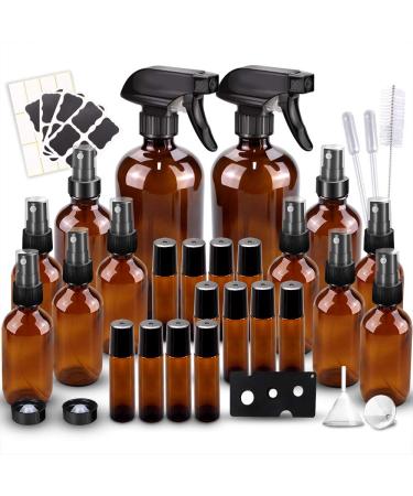 BonyTek Glass Spray Bottle Kit12 (216oz, 24oz, 82oz), 1210ml Roller Bottles, Anti UV, Multi Size and Versatile, Suitable for Aromatherapy, Facial Moisturizing, Watering, etc.(Amber)
