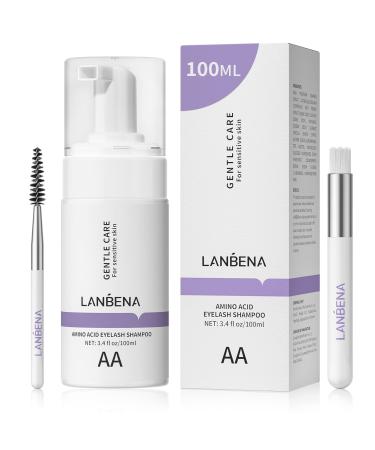Eyelash Extension Cleanser, 100 ML LANBENA AMINO ACID Lash Shampoo for Lash Extensions, Mild Eyelash Shampoo/Wash Eyelash Cleanser for Extensions, Paraben & Sulfate & Oil Free for Daily Salon and Home Use (100ml/3.4 Fl Oz)