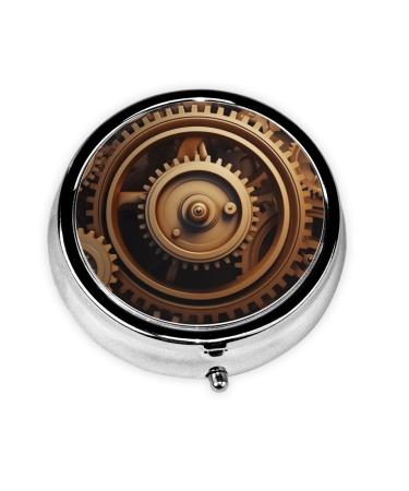 Mechanical Gear Portable Metal Pill Box Round Mini 3-Compartment Plastic Insert hinged Fastening Design Suitable for Small Pills Must-Have for Travel Black