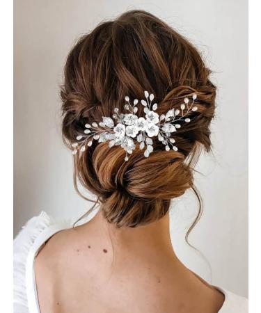 Unicra Flower Bride Wedding Hair Comb - Silver Leaf Bridal Headpiece with Pearl and Crystal Accents for Women and Girls - Buy Online on GoSupps.com