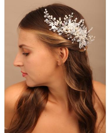 BERYUAN Women Pearls Rhinestone Flower Beads Wedding Hair Comb Opal Rhinestone Pearls Silver Leaf Bride Headband Silver Wedding Hair Accessories for Bride Bridesmaid Girls - Buy Online on GoSupps.com