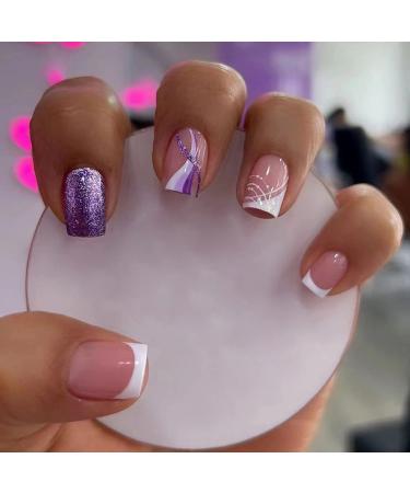 24 Pcs Short Square Press on Nails French Tip Fake Nails Purple Shiny Powder Artificial Nail Tips Acrylic False Nails with Designs Full Cover Stick on Nails for Women Girls Cute Nail Decorations PT10