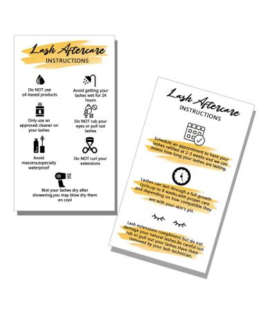 Wanyeer Lash Extension aftercare Instructions Cards, 50 Pack Double Sided 3.5 x 2inch inch Business Card Size, AfterCare Card, Lash Care Card, White with Yellow Watercolor Design