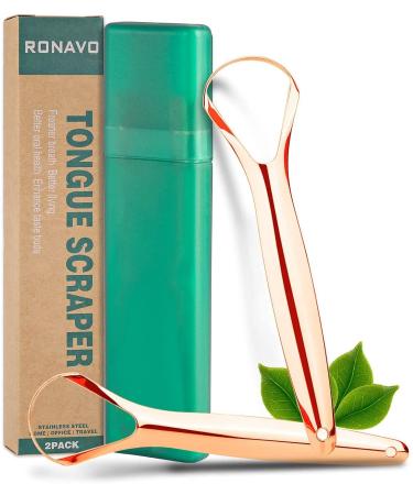 Tongue Scraper (2 Pack), Cure Bad Breath (Medical Grade), Stainless Steel Tongue Cleaners, 100% BPA Free Metal Tongue Scrapers Fresher Breath in Seconds.by RONAVO Wider Tongue Scraper(rose Gold)