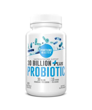 Portions Master 30 Billion Probiotic Plus, High Potency Probiotic Supplement with Multiple Strains, Supports Digestive Health, Immune Balance & Gut Flora (60 Vegetarian Capsules)