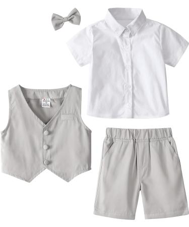 Mint Green Baby Boys Gentleman Suit Set - Shirt, Bowtie, Waistcoat & Shorts | Light Grey | Size 3-4 Years - Buy Online on GoSupps.com