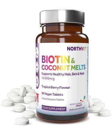 Biotin & Coconut Melts 10 000 g of Biotin 5mg Coconut Oil Hair Growth Supplement 90 Vegan Tablet Melts Hair Skin & Nails Vitamins for Men & Women - Buy Online on GoSupps.com