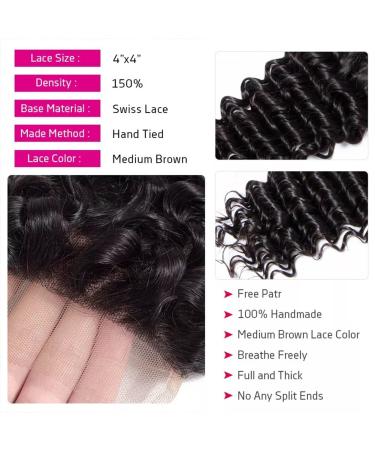 Mariska Deep Wave Brazilian 10A Human Hair Bundles with Closure - 3 Bundles + 4x4 Lace Closure - 100% Unprocessed Virgin Hair - Natural Color (24 26 28 + 20 Deep Wave) - Buy Online on GoSupps.com