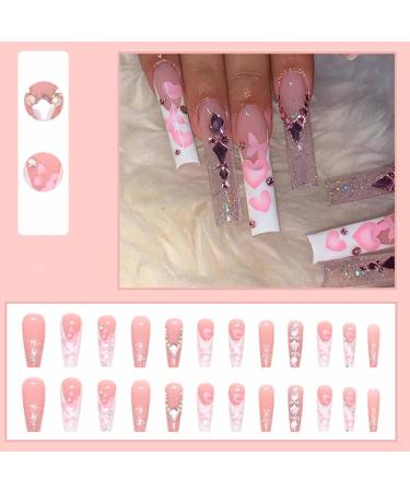 Kamize Long Pink Heart Coffin Rhinestone Press On Nails - 24PCS - Buy Online on GoSupps.com
