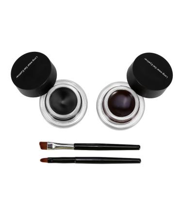 2 Bottles Waterproof Long Lasting Gel Eyeliner Eye Makeup Cosmetic Set with 2 Pieces Brushes(Black + Brown)