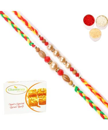 Ghasitaram Gifts Rakhi for Brother Rakhis Online - Set of 2 6431 6432 Pearl Rakhis with 200 GMS of Besan Barfi