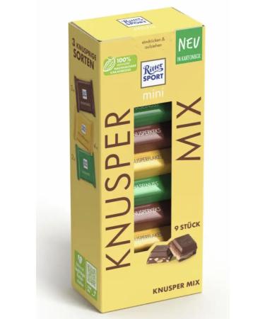 Ritter Sport Chocolate - Mini Knusper Mix, 3 flavors, cornflakes, butter biscuit, hazelnuts 9x16 gr, 1 box 150g Knusper