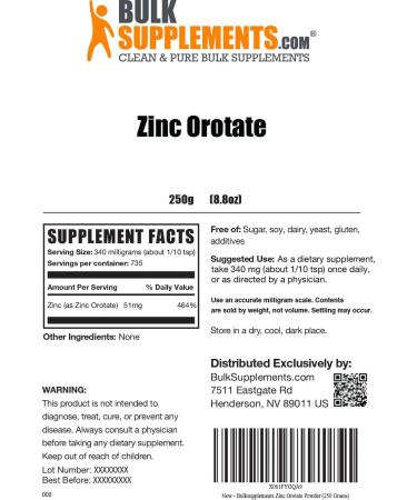 Zinc Orotate Powder 50mg - Pure Zinc Mineral Supplement for Immune Support - 250g (8.8 oz) - BulkSupplements.com - Buy Online on GoSupps.com