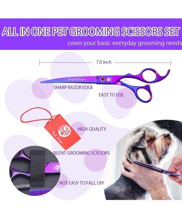 Purple Dragon Professional 7.0 inch 4PCS Pet Grooming Scissors Kit - Premium Japan Steel Straight & Curved Blades with Case - Dog Hair Cutting Shears Set in Electroplating Purple - Buy Online on GoSupps.com