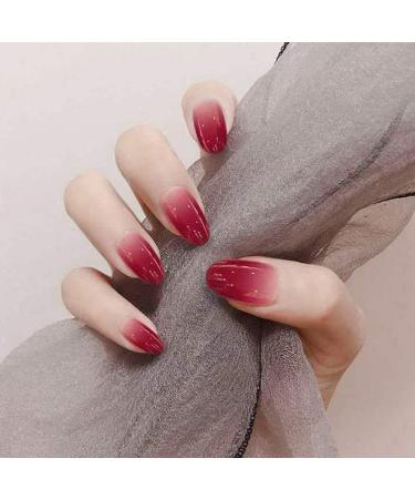 24pcs Glossy Red False Nails Sequin Gradient Fake Nails Full Cover Short Oval Nail Party Acrylic Art Clip Press on Nails for Women and Girls