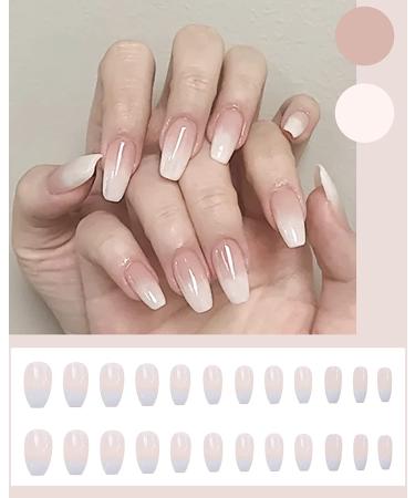 Translucent French Coffin Medium Press-On False Nails Manicure Set - 24PCS Light Pink with Glue | Acrylic Nail Tips Designs for Women - Buy Online on GoSupps.com