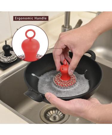ecaqlin Cast Iron Chainmail Scrubber + Pan Stainless Steel Skillet Cleaner Scraper Tool for Cast Iron Pans Washable Red - Buy Online on GoSupps.com