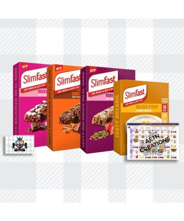 AETN Creations Slim Fast Weight Loss Bundle 12 Bars in Very Berry Choc Orange Rocky Road + 5 Golden Syrup Porridge with AETN Meal Planner and Fridge Magnet - Buy Online on GoSupps.com