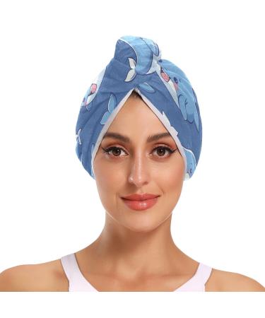Small Cute Whale Hair Towel 2 Pack Super Absorbent Hair Drying Towel Quick Dry Hair Turbans Head Towel with Button Twisty Wrap for Women Girls