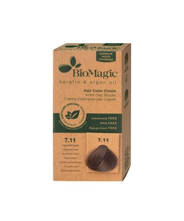 BioMagic Coloration permanente pour cheveux k ratine et huile d'argan sans ammoniac coloration pour cheveux Ingr dients biologiques pour femmes et hommes (7.11 Blond cendr intense)
