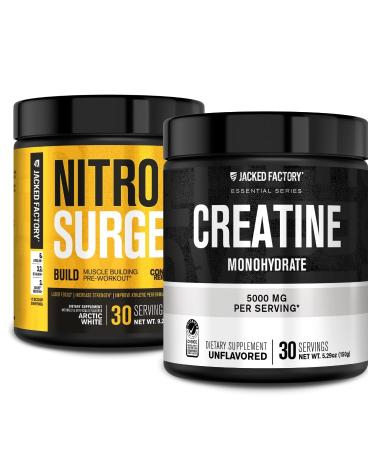 Jacked Factory Nitrosurge Build Pre Workout with Creatine for Muscle Building (30 Servings Arctic White) & Creatine Monohydrate Powder for Muscle Growth & Increased Strength (30 Servings Unflavored)