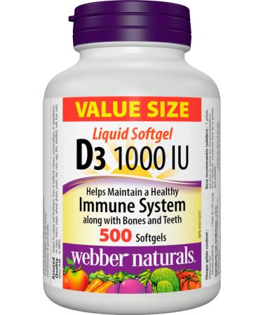 Webber Naturals Vitamin D3 1000 IU 500 Softgels For Healthy Bones Teeth and the Maintenance of Good Health 500 count (Pack of 1)