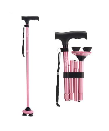 BigAlex Folding Walking Cane Pivoting Quad Base Adjustable Walking Stick with Carrying Bag for Man/Woman pink(30"-35")