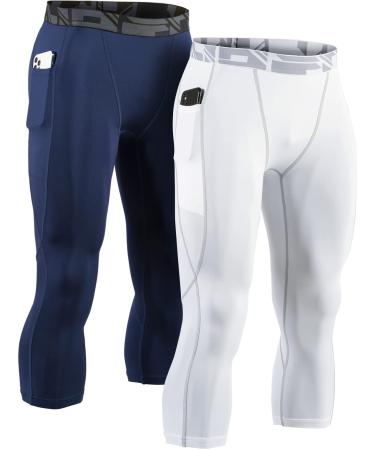 ATHLIO Men's Compression Pants: High-Performance Sports Leggings for Running Gym Athletic Training - Maxmize Your Workout Medium Side Pocket 2pack Navy/ White