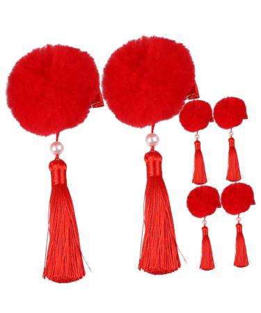 Housoutil 3 Pairs Tassel Hair Ball Hair Clip Chinese Knot Hair Clips Long Tassel Hair Barrettes Girl Hair Clips Girls Tiara Cosplay Hair Pin Artificial Fur Red Temperament Accessories Child