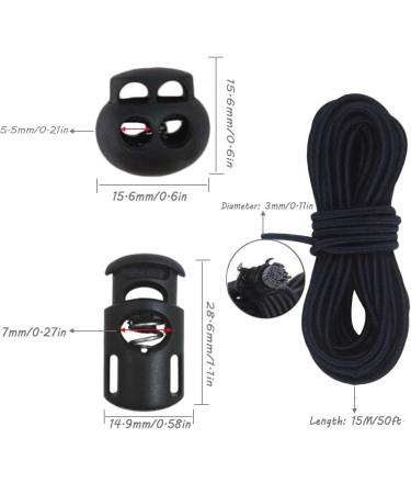 20pcs Plastic Cord Locks with 1/8-Inch 50ft Elastic Cord Heavy Stretch Round String  10Pcs Sing-Hole  10pcs Double-Hole Spring Toggle Stopper Slider Black (3mm-Black) - Buy Online on GoSupps.com