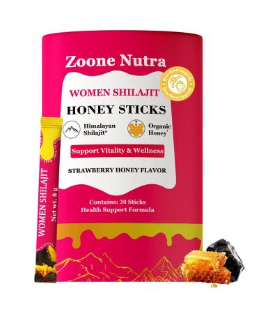 Honey Sticks Shilajit for Women Strawberry Flavor | Shilajit with Shatavari & Saffron | Natural Energy Hormonal Balance Focus & Vitality Support | Wellness Booster Herbal Honey Packs - 30 Sticks