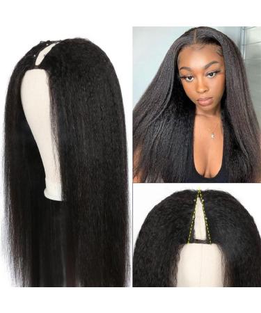 AliPearl Hair Yaki V Part Wig Human Hair Kinky Straight Wig Brazilian Virgin Hair Glueless Full Head Clip In Half Wig V Shape Wigs Yaki Straight Human Hair Wigs for Black Women(18inch) 18 Inch Yaki V Part Wig