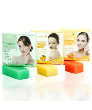 3 Pack Turmeric Soap Bar with Vitamin C Tumeric Soap Turmeric Face Wash Infused with Collagen- VE- VC Cleanse Soothing & Nourishing Skin Tea Tree & Orange & Papaya Scent 3.5 oz