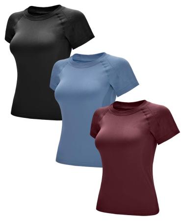 RUNNING GIRL Seamless Workout Shirts for Women Dry-Fit Short Sleeve T-Shirts Crew Neck Stretch Yoga Tops Athletic Shirts 3pack Small