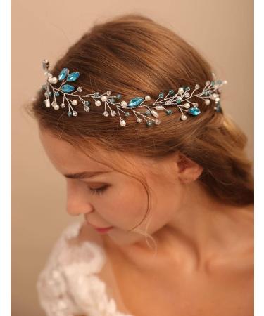 Deniferymakeup Women Pearl Wreath Light Blue Crystal Hair Vine Rhinestone Wedding Hair Accessory Gift for Her Party Headpiece for Bride Bridesmaid Girls - Buy Online on GoSupps.com