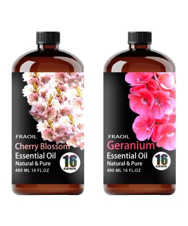 Cherry Blossom Essential Oil 16 Fl Oz and Geranium Essential Oil 16 Fl Oz for Diffuser Humidifier Yoga Cleaning DIY Candle Soap Making Perfume Gift for Essential Oils