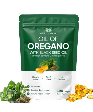 WGYPEU Oil of Oregano with Black Seed Oil 300 Softgels Supports Immune System and Digestion Micronutrients Oil of Oregano Black Seed Oil Non-GMO & Gluten Free