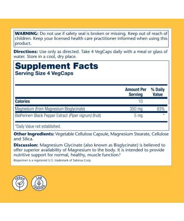 Solaray Magnesium Glycinate | Fully Chelated Bisglycinate with BioPerine | High Absorption Formula for Stress, Bones, Muscle Relaxation | 275 VegCaps, 60 Day Guarantee - Buy Online on GoSupps.com