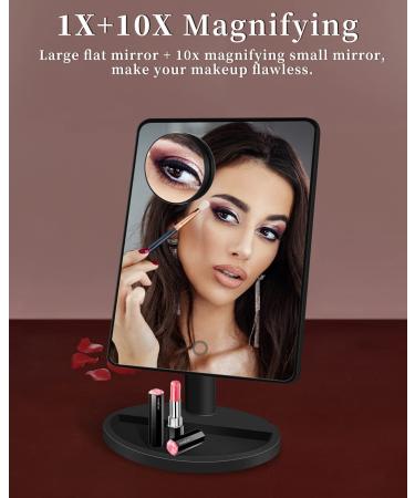 Large Makeup Mirror with Lights, 10X Magnification, 360 Rotation, Touch Adjustable Brightness, Dual Power - Black Vanity Mirror - Buy Online on GoSupps.com
