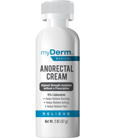 Myderm Medical 5% Lidocaine Anorectal Cream 2oz - Maximum Strength for Fissure and Hemorrhoid Care with Vitamin E - No Parabens - with 5 Finger Cots - Made in The USA 1 Pack